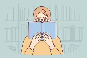 Mann mit Brille liest Buch in der Bibliothek. glücklicher kerl in brillen genießen literatur im buchladen. Bildung und Lernen. Vektor-Illustration. vektor