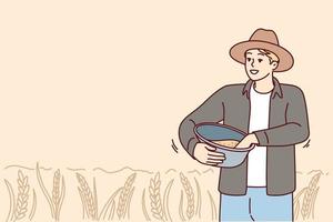 manlig jordbrukare arbetssätt i fält på skörda säsong. leende man upptagen med lantbruk på bete eller odlingsland. vektor illustration.