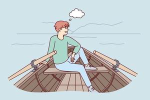 Lycklig man sitta i båt i natur landskap tänkande och föreställa sig. leende kille koppla av i fartyg segling i flod drömma och visualisera. vektor illustration.