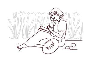 frau, die im feldlesebuch sitzt. glückliches mädchen genießen sommerpicknick mit zeitschrift oder lehrbuch. sommerliche Entspannung. Vektor-Illustration. vektor