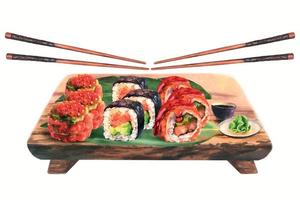 hand dragen vattenfärg sushi uppsättning och soja med wasabi på trä- styrelse med ätpinnar, isolerat på vit bakgrund. mat design. vektor