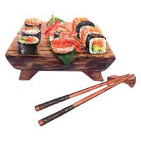 handgezeichnetes Aquarell-Sushi-Set auf Holzbrett mit Essstäbchen, isoliert auf weißem Hintergrund. Food-Design. vektor