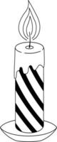 festliche Schwarz-Weiß-Illustration mit einer brennenden Kerze mit einem schönen Muster. Vektorgrafik einer runden Weihnachtskerze. geeignet für weihnachtliche Gestaltung und Färbung, Werbung, Postkarten. vektor