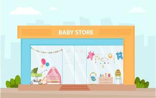 Fassade des Babygeschäfts. moderne Kindershop-Vektorillustration. Einzelhandelspfad. Schaufenster mit verschiedenen Produkten für Neugeborene, Babys. Kinder. vektor