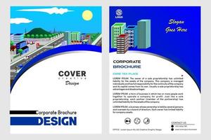 broschyr mallar, flygblad, broschyrer, omslag mönster, vektor illustration mallar i a4 storlek. broschyr för företag. blå broschyr i runda mönster med isometrisk byggnad och bergen