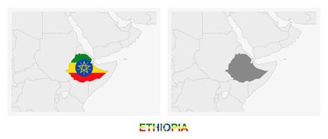 zwei versionen der karte von äthiopien, mit der flagge von äthiopien und dunkelgrau hervorgehoben. vektor