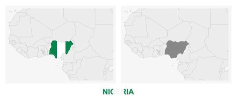 zwei versionen der karte von nigeria, mit der flagge von nigeria und dunkelgrau hervorgehoben. vektor