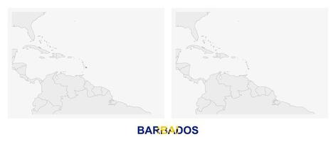 Zwei Versionen der Karte von Barbados, mit der Flagge von Barbados und dunkelgrau hervorgehoben. vektor