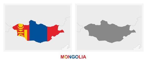 zwei versionen der karte der mongolei, mit der flagge der mongolei und dunkelgrau hervorgehoben. vektor