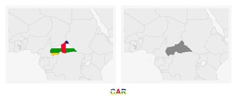 zwei versionen der karte der zentralafrikanischen republik, mit der autoflagge und dunkelgrau hervorgehoben. vektor