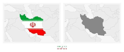 zwei versionen der karte des iran, mit der flagge des iran und dunkelgrau hervorgehoben. vektor