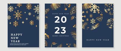 uppsättning av jul och Lycklig ny år 2023 Semester kort vektor. elegant lutning guld element av snöflingor, tall kon, tall blad, struntsak bollar. design illustration för omslag, baner, kort, affisch. vektor