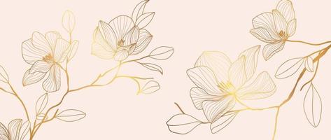 lyx blommig gyllene linje konst tapet. elegant lutning guld magnolia blommor mönster bakgrund. design illustration för dekorativ, kort, Hem dekor, inbjudan, förpackning, skriva ut, omslag, baner. vektor