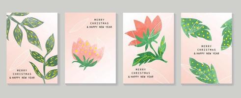 satz weihnachten und guten rutsch ins neue jahr feiertagskartenvektor. dekoratives element von handgezeichneten botanischen blumen- und blattzweigen des aquarellwinters. designillustration für cover, banner, karte, poster. vektor