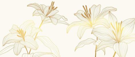 lyx blommig gyllene linje konst tapet. elegant lutning guld lilja blommor mönster bakgrund. design illustration för dekorativ, kort, Hem dekor, inbjudan, förpackning, skriva ut, omslag, baner. vektor