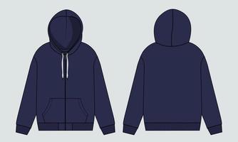 Langarm Hoodie technische Mode flache Skizze Zeichnung Vektor Illustration Vorlage Vorder- und Rückansicht.