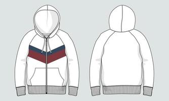 Langarm Hoodie technische Mode flache Skizze Zeichnung Vektor Illustration Vorlage Vorder- und Rückansicht.