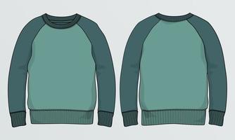långärmad tröja tekniskt mode platt skiss vektor illustration mall fram och bak vyer