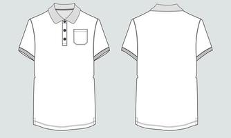 Kurzarm-Poloshirt mit Tasche technische Mode flache Skizze Vektor Illustration Vorlage Vorder- und Rückansichten.
