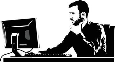ein mann in einem büro schaut auf den computerbildschirm und drückt auf die tastatur vektor