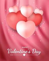 valentines dag bakgrund mall med 3d realistisk kärlek hjärta och silke textur. Semester baner, webb affisch, flygblad, eleganta broschyr, hälsning kort, omslag. vektor