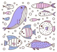 Reihe von niedlichen und lustigen Fischen isoliert auf weißem Hintergrund. handgezeichnete Vektorgrafik im Doodle-Stil. Perfekt für Dekorationen, Logos, verschiedene Designs. Zeichentrickfiguren. vektor