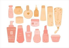 schönheitsprodukte, kosmetik für haut- und haarpflege set vektorillustrationen von flaschen, tuben und glas