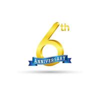 6:e gyllene årsdag logotyp med blå band isolerat på vit bakgrund. 3d guld årsdag logotyp vektor