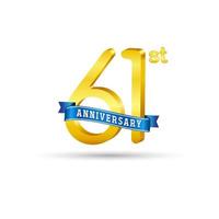61: a gyllene årsdag logotyp med blå band isolerat på vit bakgrund. 3d guld årsdag logotyp vektor