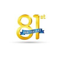 81:a gyllene årsdag logotyp med blå band isolerat på vit bakgrund. 3d guld årsdag logotyp vektor