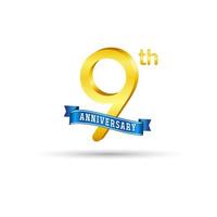 9:e gyllene årsdag logotyp med blå band isolerat på vit bakgrund. 3d guld årsdag logotyp vektor