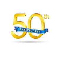 50:e gyllene årsdag logotyp med blå band isolerat på vit bakgrund. 3d guld årsdag logotyp vektor