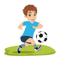 kleiner Junge der netten Karikatur, der Fußball oder Fußball spielt, lokalisiert auf weißem Hintergrund vektor