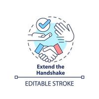 Handshake-Konzept-Symbol erweitern. Hände sauber halten. Gemeinsame Geschäftsveranstaltung Etikette Regel abstrakte Idee dünne Linie Illustration. isolierte Umrisszeichnung. editierbarer Strich vektor