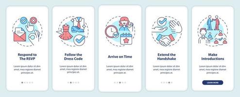 Allgemeine Regeln für die Etikette bei Geschäftsveranstaltungen beim Onboarding auf dem Bildschirm der mobilen App. Komplettlösung 5 Schritte editierbare grafische Anweisungen mit linearen Konzepten. ui, ux, gui-Vorlage vektor