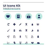 Medizin-UI-Icons-Kit. Glyphen-Vektorsymbole für das Gesundheitswesen gesetzt. Arztbesuch. Schaltflächen für die mobile App der medizinischen Behandlung in blauen Kreisen. Sammlung von Webdesign-Elementen vektor