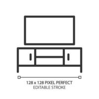 TV-Ständer Pixel perfektes lineares Symbol. Unterhaltungszentrum. Filme anschauen. Fernsehen. zeitgenössische Wohnmöbel. dünne Liniendarstellung. Kontursymbol. Vektorumrisszeichnung. editierbarer Strich vektor