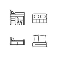 möbel für zu hause Pixel perfekte lineare symbole gesetzt. Bett, Bettwäsche. schlafzimmer dekor. Kinderzimmer. Hauseinrichtung. anpassbare dünne Liniensymbole. isolierte vektorumrissillustrationen. editierbarer Strich vektor