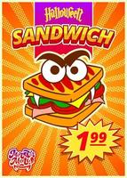Monster-Sandwich-Menü. Ein vertikales Banner mit einem Preisschild für ein Fast-Food-Café am Halloween-Tag. Vektor-Illustration. vektor