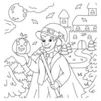 Graf Dracula mit Besen und Kürbis für Halloween. Malbuchseite für Kinder. Zeichentrickfigur. Vektor-Illustration isoliert auf weißem Hintergrund. vektor
