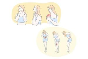 frau mit chronischen schmerzen im körper- und gelenkkonzept. Zeichentrickfigur einer jungen Frau, die an Rücken-, Nacken-, Schulter-, Knie-, Bauchschmerzen oder Arthritis leidet, mit rotem Indikator auf Schmerzfokus vektor