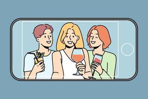 Lycklig olika människor dryck cocktails göra selfie på mobiltelefon. leende vänner njut av firande ta självporträtt bild på smartphone. vektor illustration.