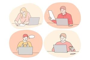 online-kommunikation, elearning, fernarbeit, zahlendes online-konzept. junge Frauen und Männer sitzen und arbeiten, lernen, bestellen und chatten online auf Laptops von zu Hause oder im Büro vektor