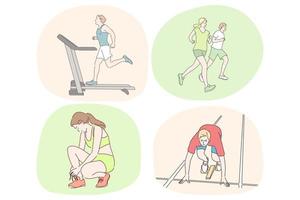 löpning, friska aktiva livsstil, sport, friidrott, träna begrepp. ung idrottsmän tecknad serie tecken praktiserande löpning och joggning Träning på löpband i Gym och utomhus i parkera vektor