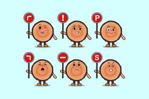 holzstamm-zeichentrickfigur, die verkehrszeichen hält vektor