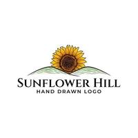 handgezeichnetes Vintage-Sonnenblumen-Hügel-Logo vektor