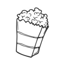 kontur popcorn ikon. hand dragen tecknad serie illustration av mat i bio. amerikan symbol av mellanmål i klotter stil. stor papper kopp randig till de topp fylld med färdiggjorda majs kärnor vektor