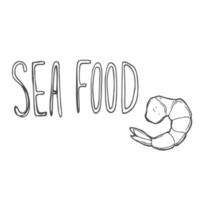 skaldjur text logotyp med fisk och Vinka på bakgrund. vektor illustration