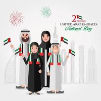 uae nationell dag hälsning kort. tecknad serie emirati familj innehav uae nationell flagga fira förenad arab emirates nationell dag vektor
