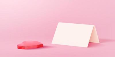 3d illustration av en vit papper stå och en röd akryl hjärta dekoration isolerat på rosa bakgrund. element lämplig för mors dag och lärarens dag vektor